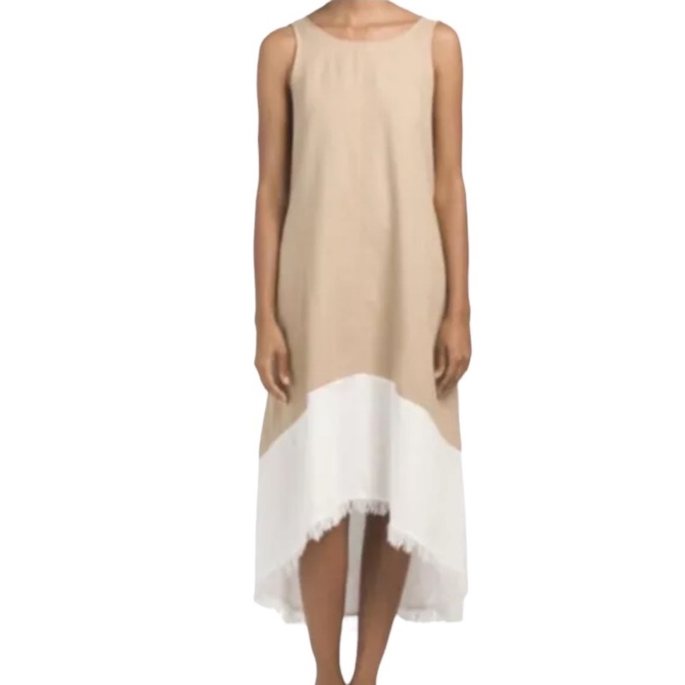 NWT Nanette Lapore High Low Long Summer Dress Linen Sleeveless Beige/White 16